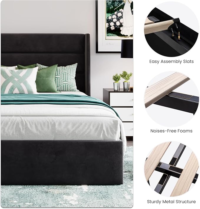 SHA CERLIN Queen Size Lift Up Storage Bed/Velvet Upholstered/Modern Wingback Headboard/Upholstered Platform Bed Frame/Hydraulic Storage/No Box Spring Needed/Black