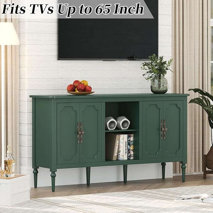 Vintage Buffet Sideboard Cabinet with 4 Doors, 59" Mid Century Modern Storage Cabinet with Shelf, Decorative Accent Credenza TV Stand (Green)