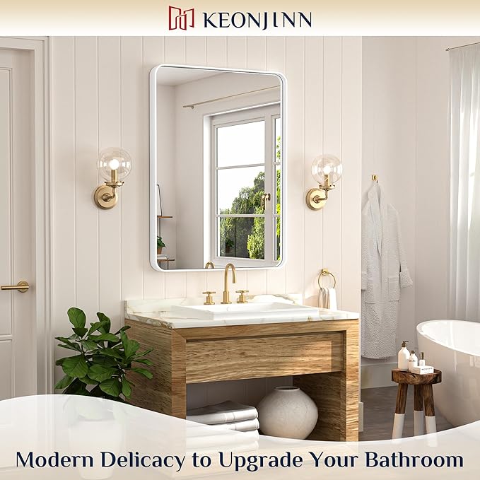 Keonjinn White Bathroom Vanity Mirror - 24 x 36 Inch Rectangular Wall Mirror, Farmhouse Style with Seamless Metal Frame, HD Tempered Glass