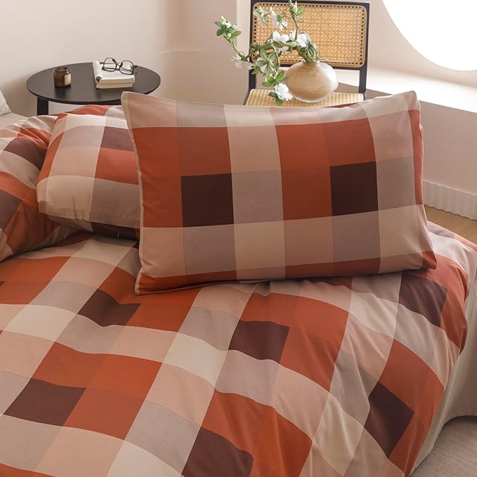 CLOTHKNOW Plaid Full Size Comforter Set 3Pcs Gingham Buffalo Bedding Comforter Sets Rust Khaki Brown Geometric Comforter Full Sets with 2 x Pillow Cases
