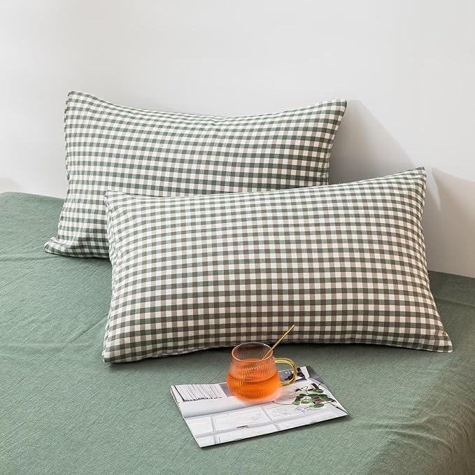 mixinni Green Gingham Comforter Set Queen, Plaid Comforter Set 3 Pieces 1 Green Grid Comfoter with 2 Pillow Cases for All Seasons, Soft Fluffy Modern Grid Pattern Printed Bedding-Queen Size