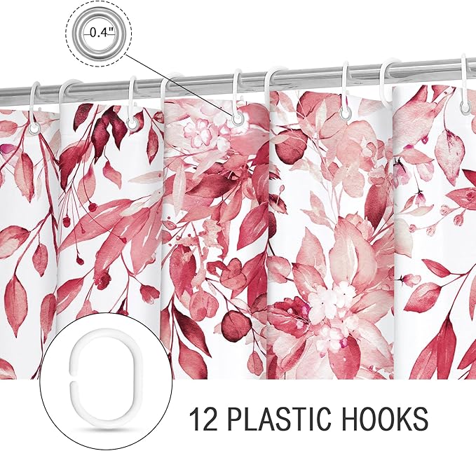 Gibelle Pink Eucalyptus Shower Curtain, Watercolor Plant Leaves with Floral Bathroom Shower Curtain Set with Hooks, 72x72