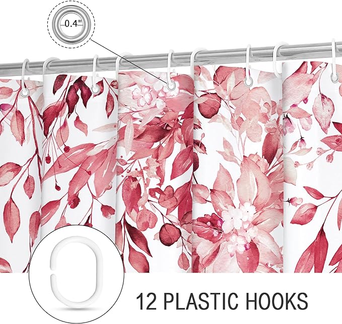 Gibelle Long Shower Curtain 72 x 78, Tall Pink Floral Shower Curtain for Bathroom, Watercolor Plant Eucalyptus Leaves Fabric Shower Curtain Set with Hooks