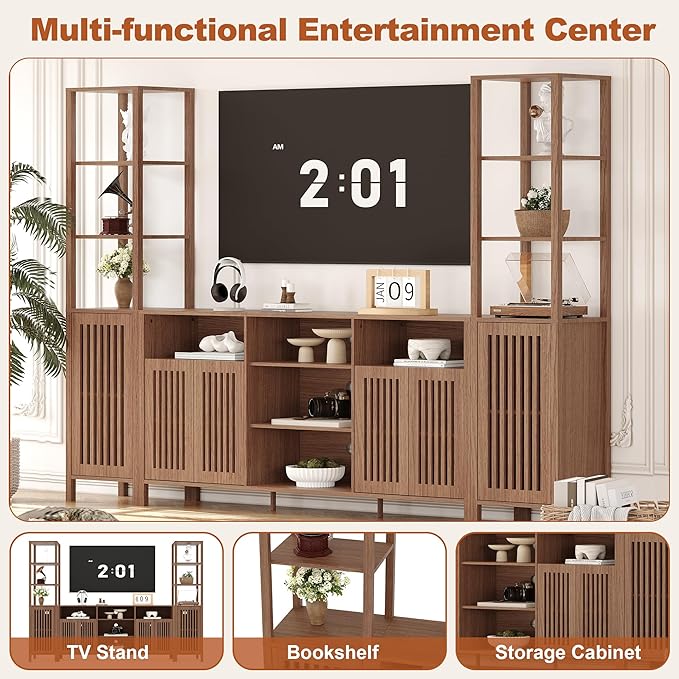 Entertainment Center with Bookshelves, Farmhouse TV Stand for 70 Inch TVs, TV Stands for Living Room w/Adjustable Shelves & Storage Cabinet, Modern Console Cabinet for Bedroom Home Theater