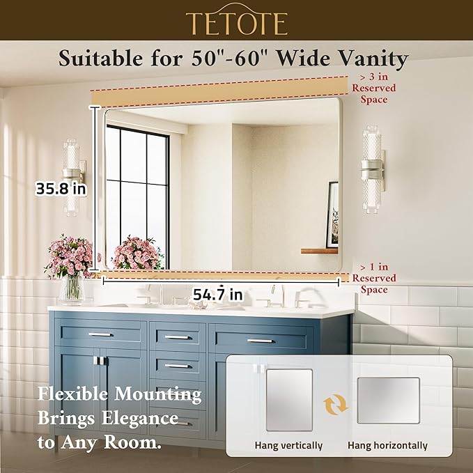 TETOTE 55 x 36 Inch Brushed Nickel Mirror Metal Framed Bathroom Mirror, Tempered Glass, Modern Farmhouse Wall Mounted Mirror for Decorative(Horizontal/Vertical)