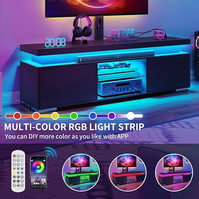 YITAHOME Black TV Stand for Living Room with Height Adjustable Mount, Modern TV Stand for 70/65 Inch TV, LED Entertainment Center with Storage, Media Console Cabinet, Black