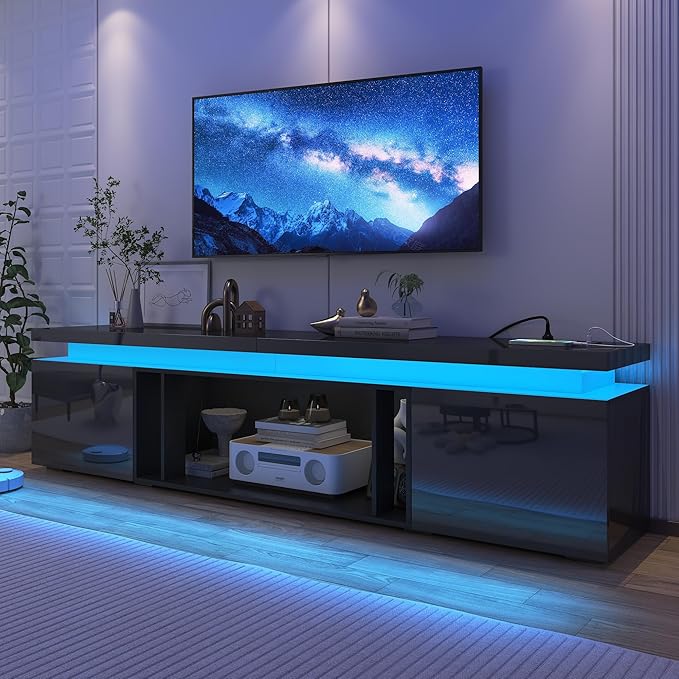 83Inch LED TV Stand for 95Inch TV, Modern TV Stand with Power Outlet, High Gloss TV Console Entertainment Center with Storage for Living Room (83 Inch, Black)