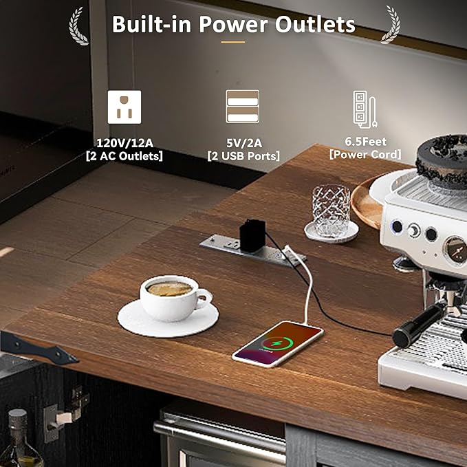 Farmhouse Kitchen Island Breakfast Bar with Drop Leaf, Power Outlet, Rolling Island Cart on Wheels Unfold Table with 3 Drawer, Srotage Cabinet, Spice Rack, Towel Rack(Black)