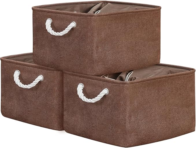 TheWarmHome Organization and Storage Basket for Organizing - 17x14x10 inch 3 Pack Fabric Storage Cubes, Collapsible Storage Bins for Shelves Closet Organizer Toy Gift Cloth (Brown)