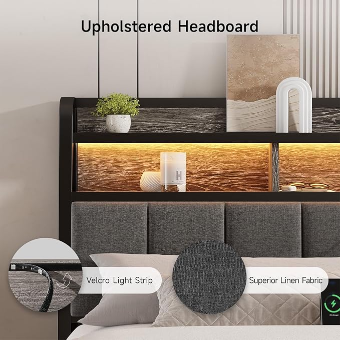 Ergonomic Headboard for Queen Size Bed with 2-Tier Storage, Upholstered Headboards with Outlets, USB Ports, LED Light, Queen Head Board Only, Height Adjustable, Sturdy and Stable, Black & Grey