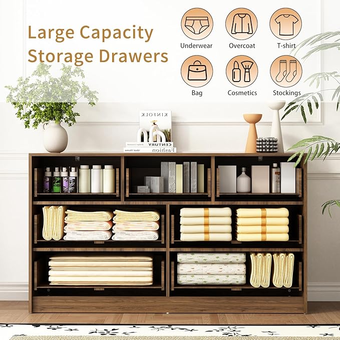 7 Drawers Dresser for Bedroom，55" Wide Fluted Dresser with Deep Drawers, Modern Chest of Drawers, Mid Century Wood TV Stand Storage Organizer for Closet, Living Room, Hallway, Natural