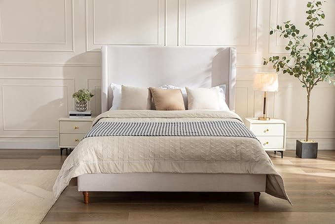 GDFStudio Tall Headboard Upholstered Bed,Queen Size Platform Bed Frame with Headboard Wingback,54" High No Box Spring Needed Easy Assembly Elegant Simplicity Textured Ivory Canvas