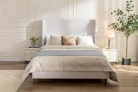 GDFStudio Tall Headboard Upholstered Bed,Queen Size Platform Bed Frame with Headboard Wingback,54" High No Box Spring Needed Easy Assembly Elegant Simplicity Textured Ivory Canvas