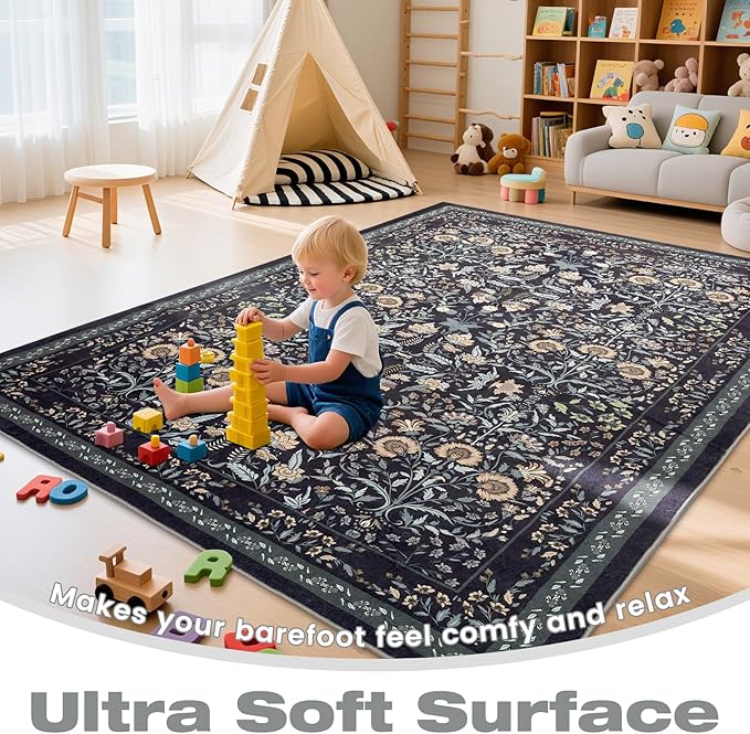 Area Rug Living Room Rug, 8X10 Rugs for Living Room Floral Boho Low Pile Super Soft Washable Rug, Stain Resistant Indoor Floor Non-Slip Carpet for Bedroom Bedside Dining Room Kitchen Nursery, Black