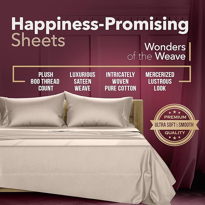 TEXAS LINEN CO. 100% Egyptian Cotton Twin XL Sheets - Luxury 800 Thread Count Twin XL Sheets Set, Soft, Cooling, Fully Elasticized Sateen Weave Bedding Set for College Dorm Room (3 PC, Taupe)