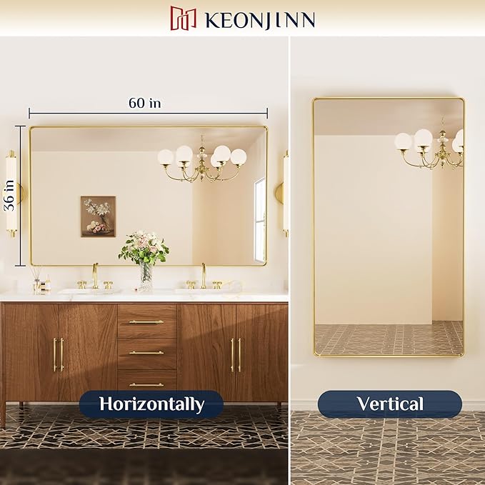 Keonjinn Gold Mirrors for Wall, 60” x 36” Large Brushed Brass Bathroom Mirrors for Over Sink, Rounded Rectangle Farmhouse Vanity Mirror, HD Tempered Glass Modern Decorative Mirror(Horizontal/Vertical)