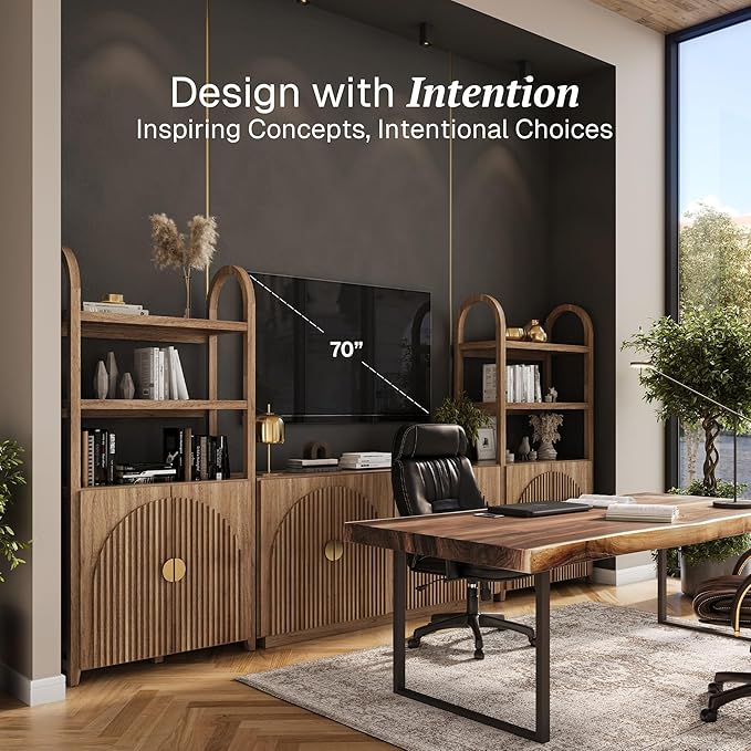 BELLEZE 3-Piece Arched TV Stand Entertainment Center with Storage, Mid Century Modern 2-Piece 72″ Tall Storage Cabinets and 65″ Fluted TV Console for Living Room(Caramel Brown)