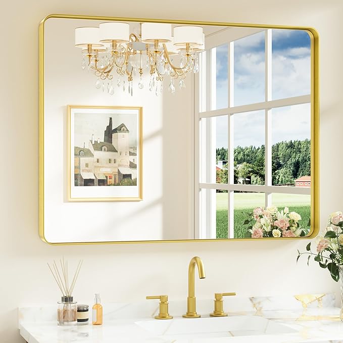 Keonjinn Gold Bathroom Mirrors for Over Sink, 40” x 30” Brushed Brass Mirror, Large Rounded Rectangle Gold Vanity Mirror with Metal Frame, HD Tempered Glass Modern Wall Mirror(Horizontal/Vertical)