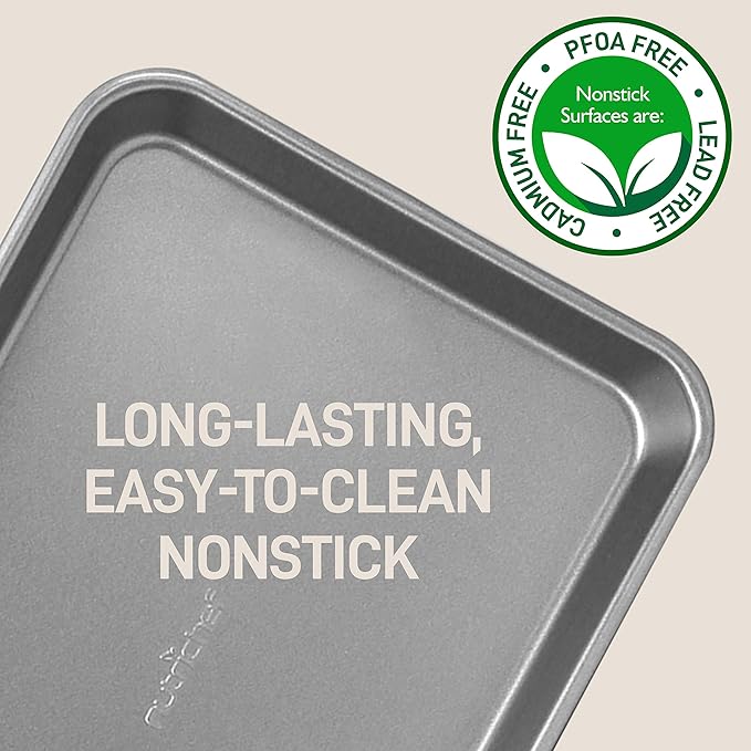 NutriChef 2-Piece Nonstick Stackable Cookie Sheets - Heavy Duty, Non-Toxic Carbon Steel Bakeware Trays, Easy Clean, Warp-Resistant, Large & Medium Sizes - Dishwasher Safe - Gray