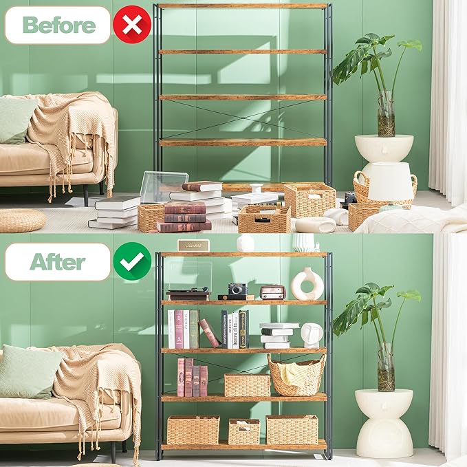 HCHQHS Bookshelf, 5-Tier Industrial Bookcase, Rustic Open Book Shelf, Freestanding Tall Bookshelves with Metal Frame