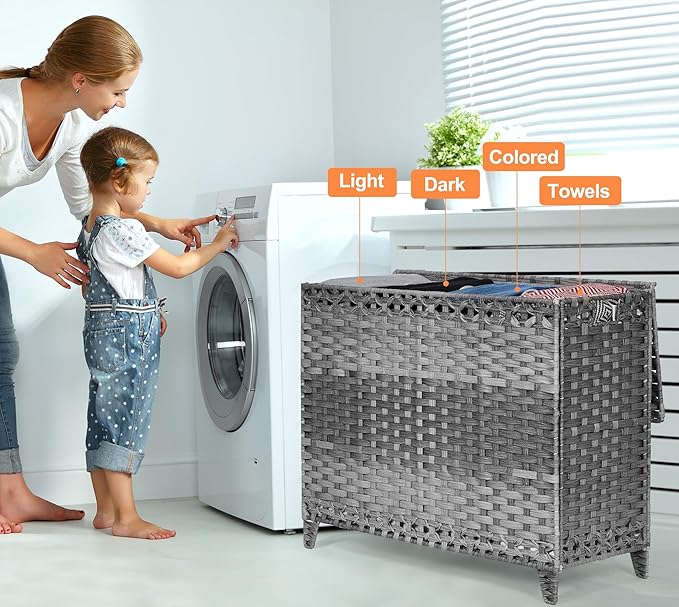 Laundry Hamper with 4 Removable Liner Bags; 176L Handwoven Rattan Laundry Basket with Lid & Heightened Feet; Clothes Hamper with Side Handles(Gray)