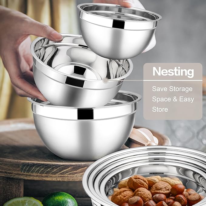 E-far Stainless Steel Mixing Bowls with Lids, 7-Piece Metal Mixing Bowls with Khaki Airtight Lids for Baking/Cooking/Prepping, Size 7, 4.6, 3, 2, 1.5, 1, 0.7QT, Nesting Design & Easy Storage