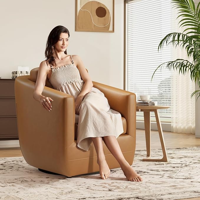 COLAMY 360° Swivel Accent Chair Set of 2 with Pillow - Comfy Living Room Armchair No-Sag Foam & Sturdy Metal Base, Fully Assembled Swivel Accent Single Sofa for Bedroom Living Room, Office, Brown