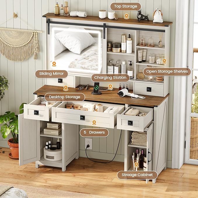 AOGLLATI Farmhouse Makeup Vanity Desk with Lights & Charging Station,Vanity Desk with Mirror and Lights, 47.2” Large Brown Vanity Table with Ample Storage Space and Sliding Mirror (Antique White)