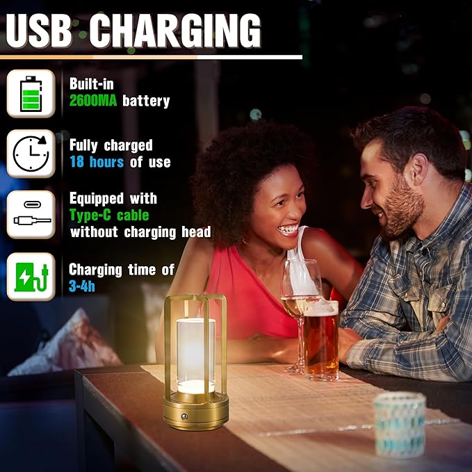Portable Metal Table Lamp,Cordless Table Lamp, Rechargeable Battery Operated Lights, LED Table Lamps, 3 Color Stepless Dimming Touch, for Bedroom Restaurant Home Outdoor (Golden)