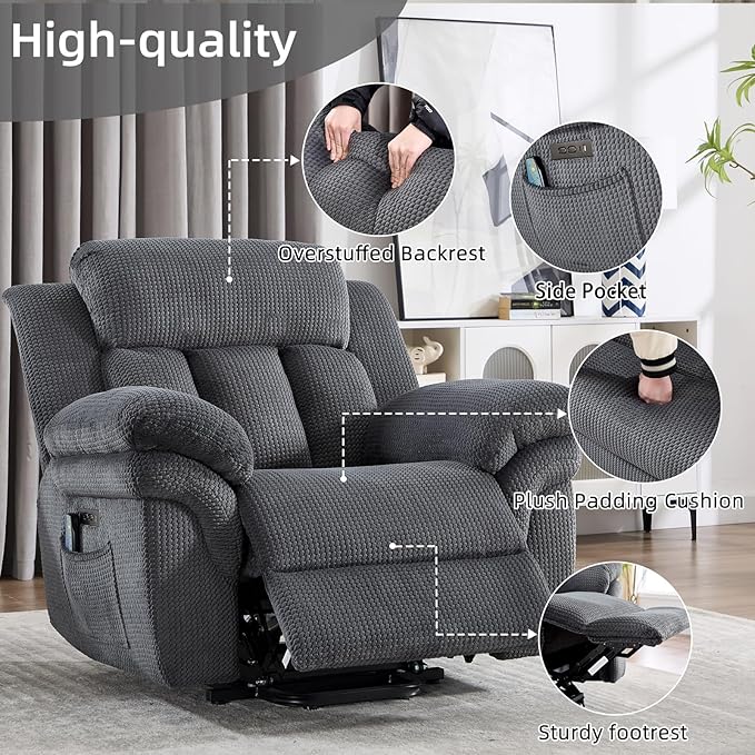 CANMOV 46" Wide Oversize Power Lift Recliner Chair, Extra Large Electric Lift Recliners for Elderly Big, Stand Up Recliner Chair with Massage and Heat, USB and Type-C Ports, Dark Grey