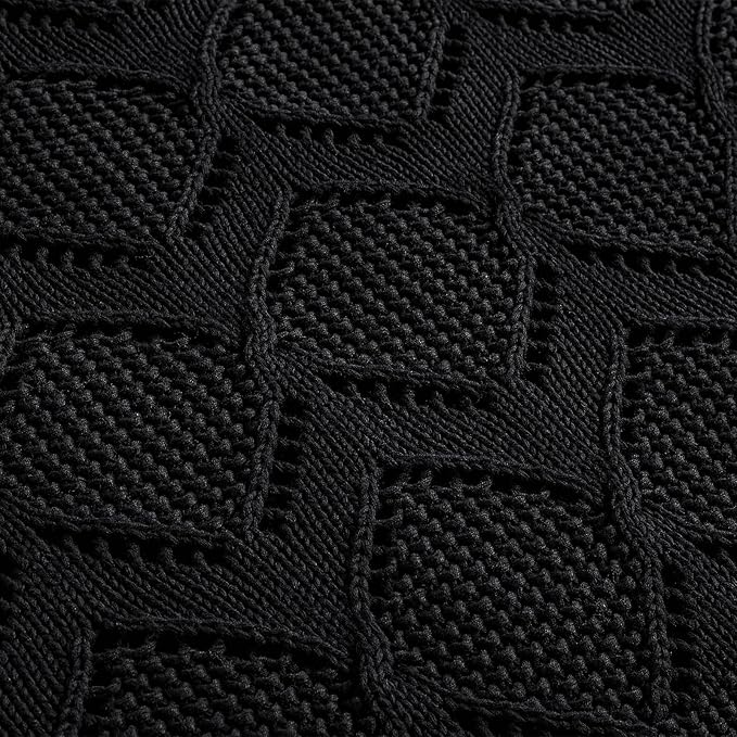 Longhui bedding Chunky Cotton Knit Throw Blanket for Couch, Sofa, Bed, or Chair, Decorative Breathable Fall Cable Knit Blanket 60 x 80 Inches, Large Black