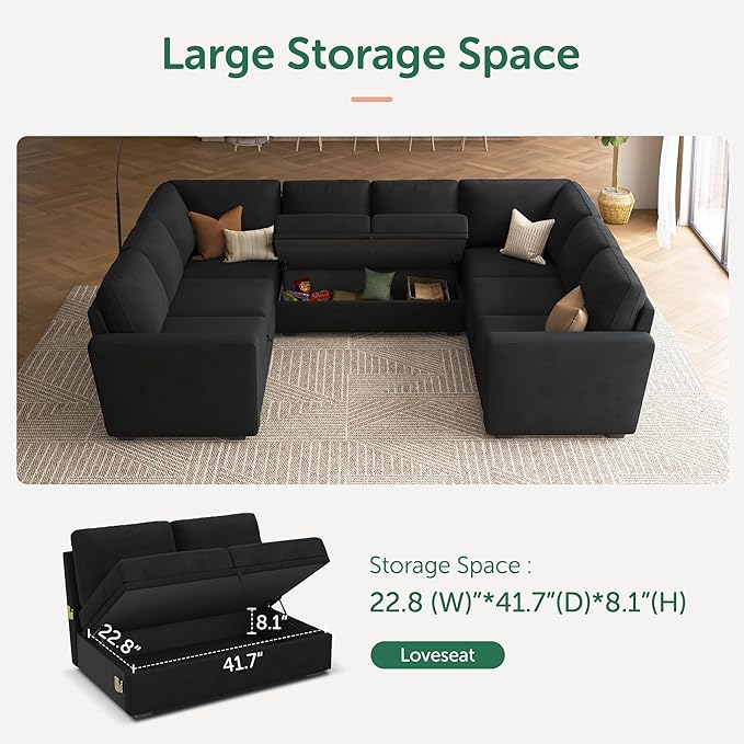 HONBAY Sleeper Sectional Couch with Pull Out Bed, Velvet Modular Sofa with Storage, U Shaped Sectional Couches for Living Room, Black