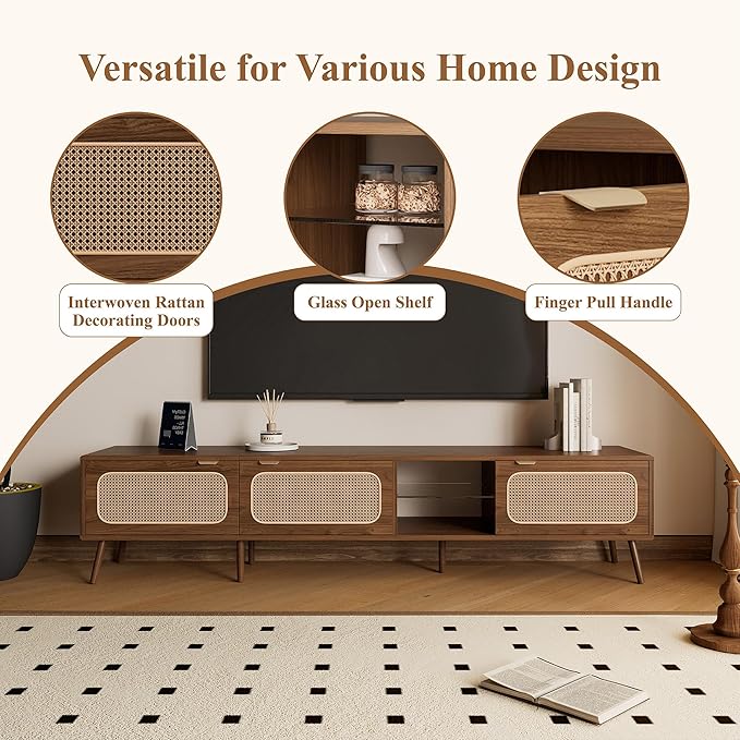 Marzzi Boho TV Stand for 85 Inch TV, 78" Entertainment Center with 3 Rattan Doors, Open Space with Glass Shelf, Walnut Media Console Cabinet for Living Room, Solid Wood Legs