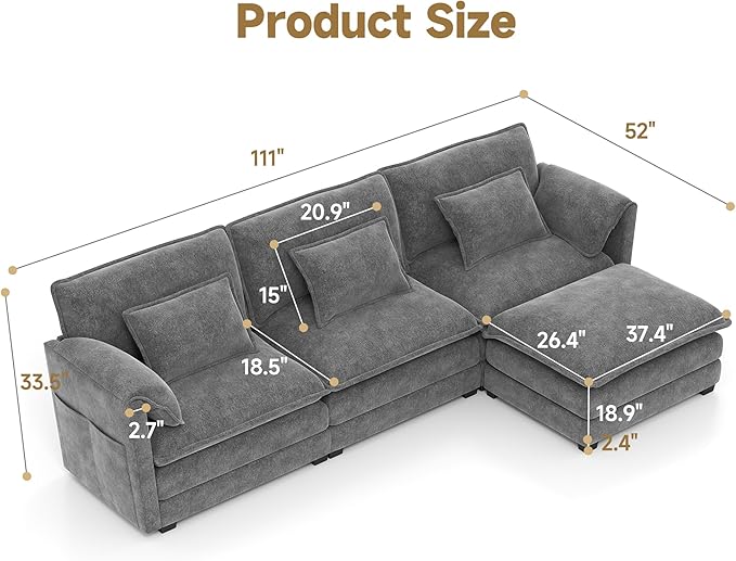 Real Relax 111'' Modular Sectional Sofa, L Shaped Chenille Convertible Couch with Movable Ottoman, 6 Pillows and 2 Armrest Pillows for Living Room, Office and Leisure Places, Dark Gray