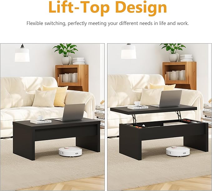 Small Lift Top Coffee Table, Wood Rectangle Coffee Table with Lifting Top and Hidden Storage Compartment, Modern Mid Century Center Tables for Small Space, Living Room, Office-Black