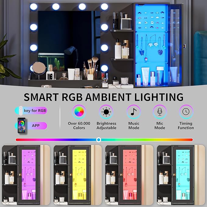 Vanity Desk with Mirror and Lights, Makeup Vanity Table Set with 5 Storage Drawers, Power Outlet & Chair, Small Dressing Table with RGB Ambient Light, Adjustable Brightness for Girls Bedroom, Black