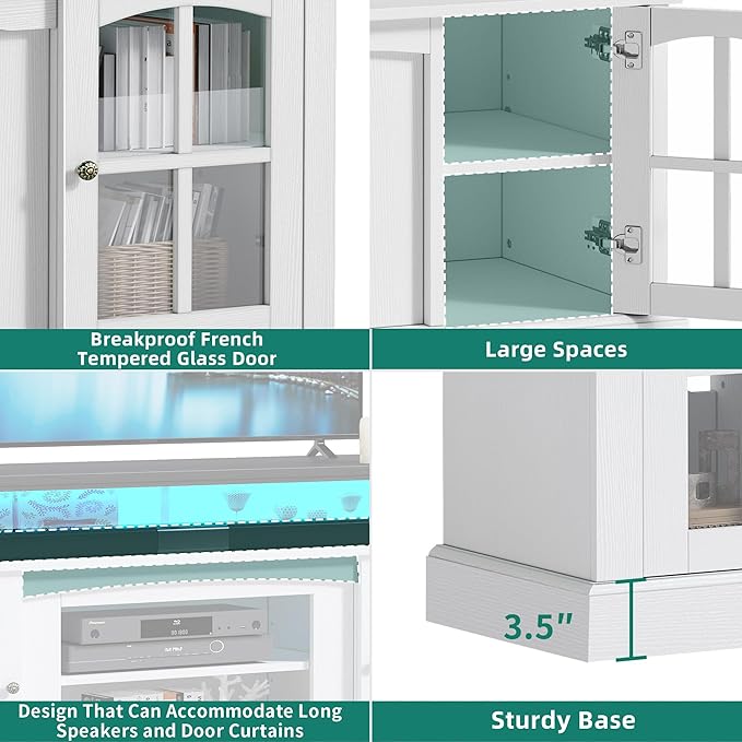 YITAHOME LED Farmhouse TV Stand for 75 Inch w/Outlets, Modern Entertainment Center with Glass Doors and Adjustable Storage Shelves, Media Console TV Cabinet for for Living Room, White/Black