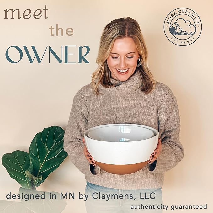 Mora Ceramic Large Mixing Bowls - Set of 2 Nesting Bowls for Cooking, Serving, Popcorn, Salad etc - Microwavable Kitchen Stoneware, Oven, Microwave and Dishwasher Safe - Extra Big 2.5 & 1.6 Qt - White