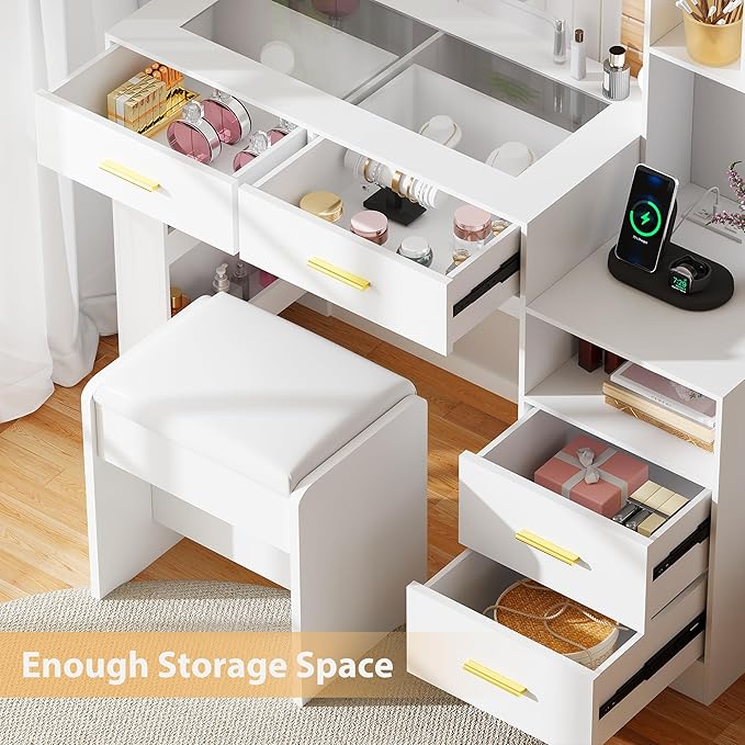 BEWISHOME White Vanity Desk with Mirror and Lights,Makeup Vanity Set with Glass Top,Large Dressing Table with Charging Station,4 Drawers,Nightstand,Stool,Makeup Desk for Girls Women Bedroom FST28W