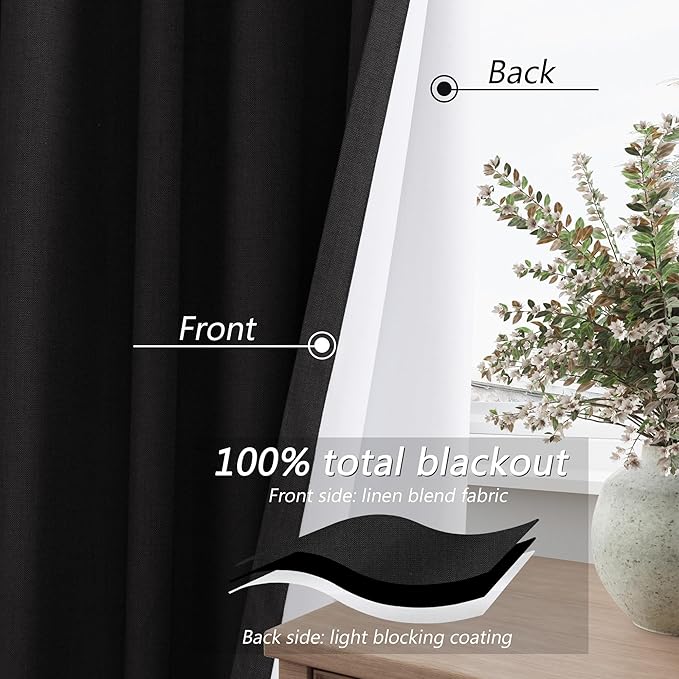 Guken Black Linen Blackout Curtains 108 Inch Length 2 Panels Set for Living Room Bedroom Back Tab Thermal Insulated 100% Black Out Linen Drapes Room Darkening Window Curtains 108 Inches Long