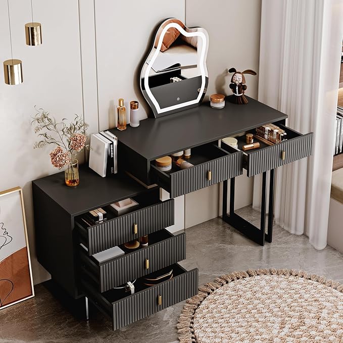 Black Vanity Desk with Mirror and Lights,Small Makeup Vanity with 5 Drawers, Modem Makeup Table with Adjustable Cabinet for Bedroom,Makeup Room
