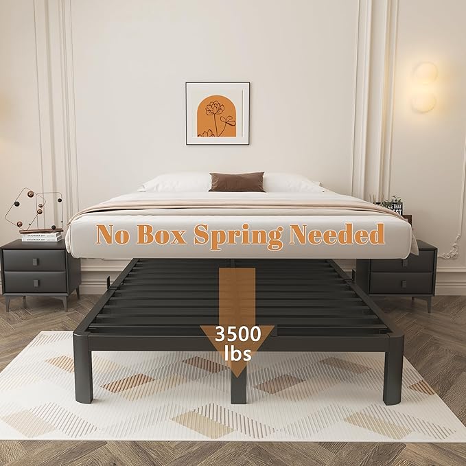 10 Inch King Size Bed Frame, Metal King Platform Bed Frame with Baffles, No Box Spring Needed, Heavy Duty Steel Support, Rounded Corner Legs, Reserved Holes, Noise Free, Storage Space, Black