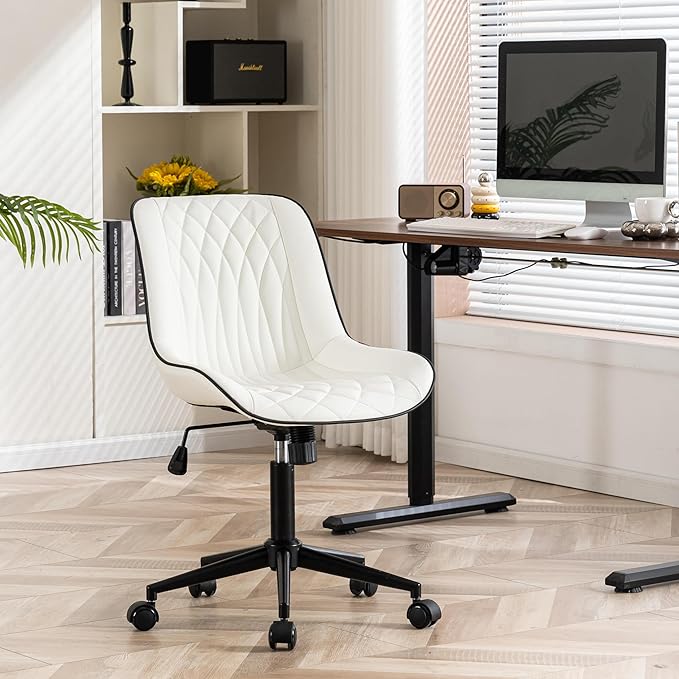 YOUNIKE White Ergonomic Home Office Desk Chair No Arms Comfy Small Criss Cross Chair with Wheels Swivel Adjustable Modern Vanity Chair with Back Armless Cute Leather Upholstered Rolling Task Chair
