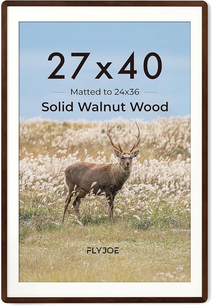 27x40 inch Poster Frame - Solid Walnut Wood 27 x 40 Poster Frame, Movie Poster Frame 27x40 With Mat For 24x36, Tempered Glass and Hanging Hardware Included, 27x40 Frame Wood, Natural Walnut