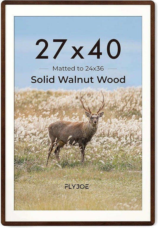 27x40 inch Poster Frame - Solid Walnut Wood 27 x 40 Poster Frame, Movie Poster Frame 27x40 With Mat For 24x36, Tempered Glass and Hanging Hardware Included, 27x40 Frame Wood, Natural Walnut