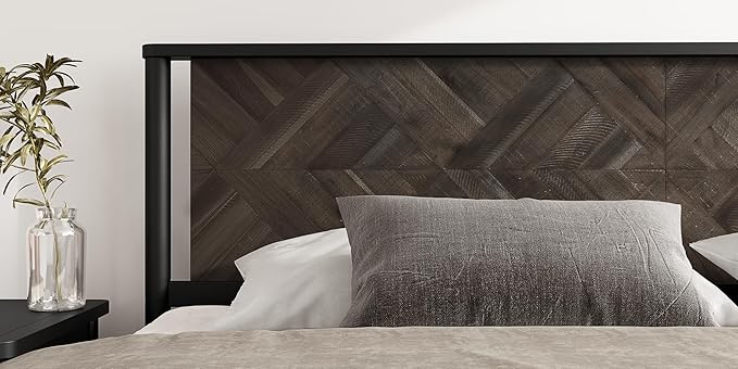 Lenia 14-Inch Queen Size Platform Bed Frame with Headboard – Heavy Duty Acacia Wood, Mid-Century Modern Style, 12 Slats for Support, No Box Spring Needed, Noise-Free, Easy Assembly, Mocha Black