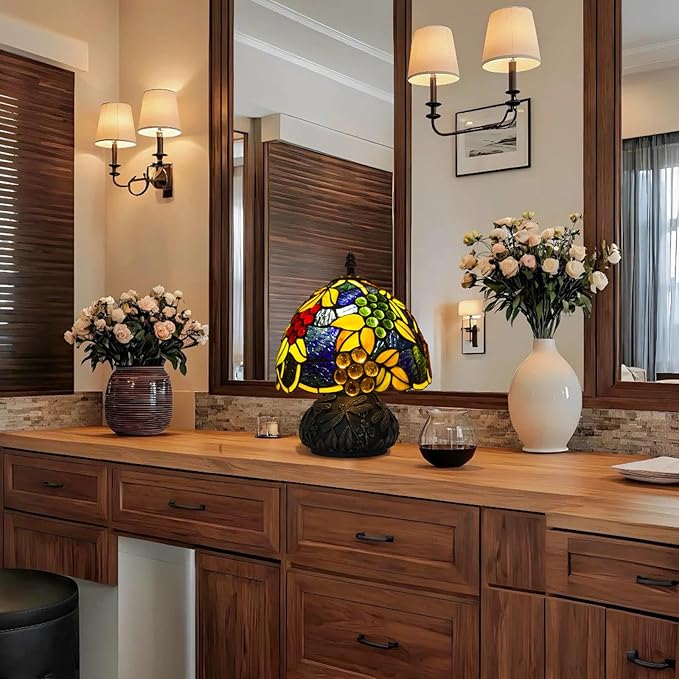 Small Tiffany Stained Glass Lamp, 3 Color Temperatures Bedside Lamp, 8 Inch Mushroom Desk Light for Bedroom Living Room Office Home Decor (Yellow Leaf Grapes)