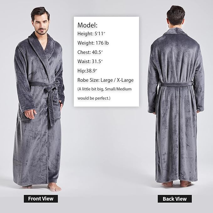FashGudim Mens Robes Big and Tall Full Length Plush Fleece Long Robe for Men Bathrobe Shawl Collar Warm Winter House Robes