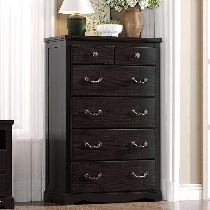 Farmhouse 6 Chest of Drawers for Bedroom, 48" Tall Wood Dresser with Bronze Retro Handles & 3D Drawer Fronts, Rustic Closet Dresser for Bedroom, Hallway, Espresso