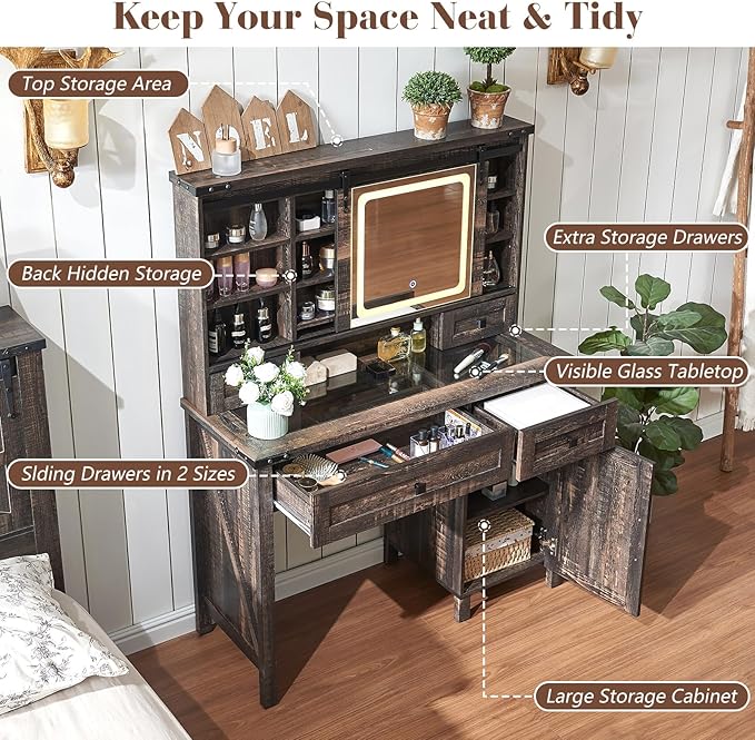 42'' Farmhouse Makeup Vanity Desk with Sliding Mirror and Lights, Glass Tabletop Vanity Table with Barn Door, 4 Drawers & Hidden Shelves, Rustic Big Vanity Women Dressing Table, Dark Oak